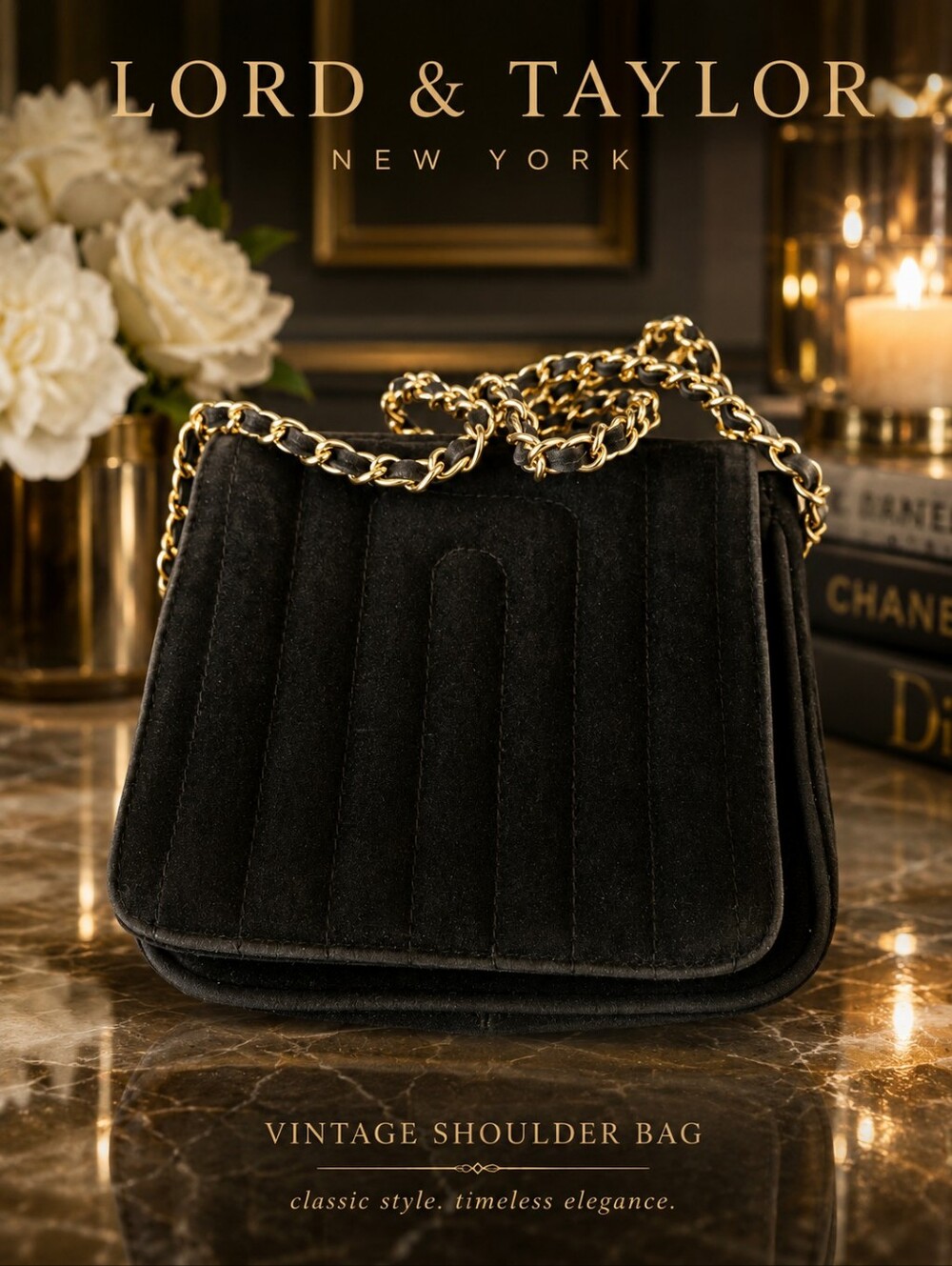 Lord & Taylor Black Velvet Vintage Shoulder Bag with Gold Chain